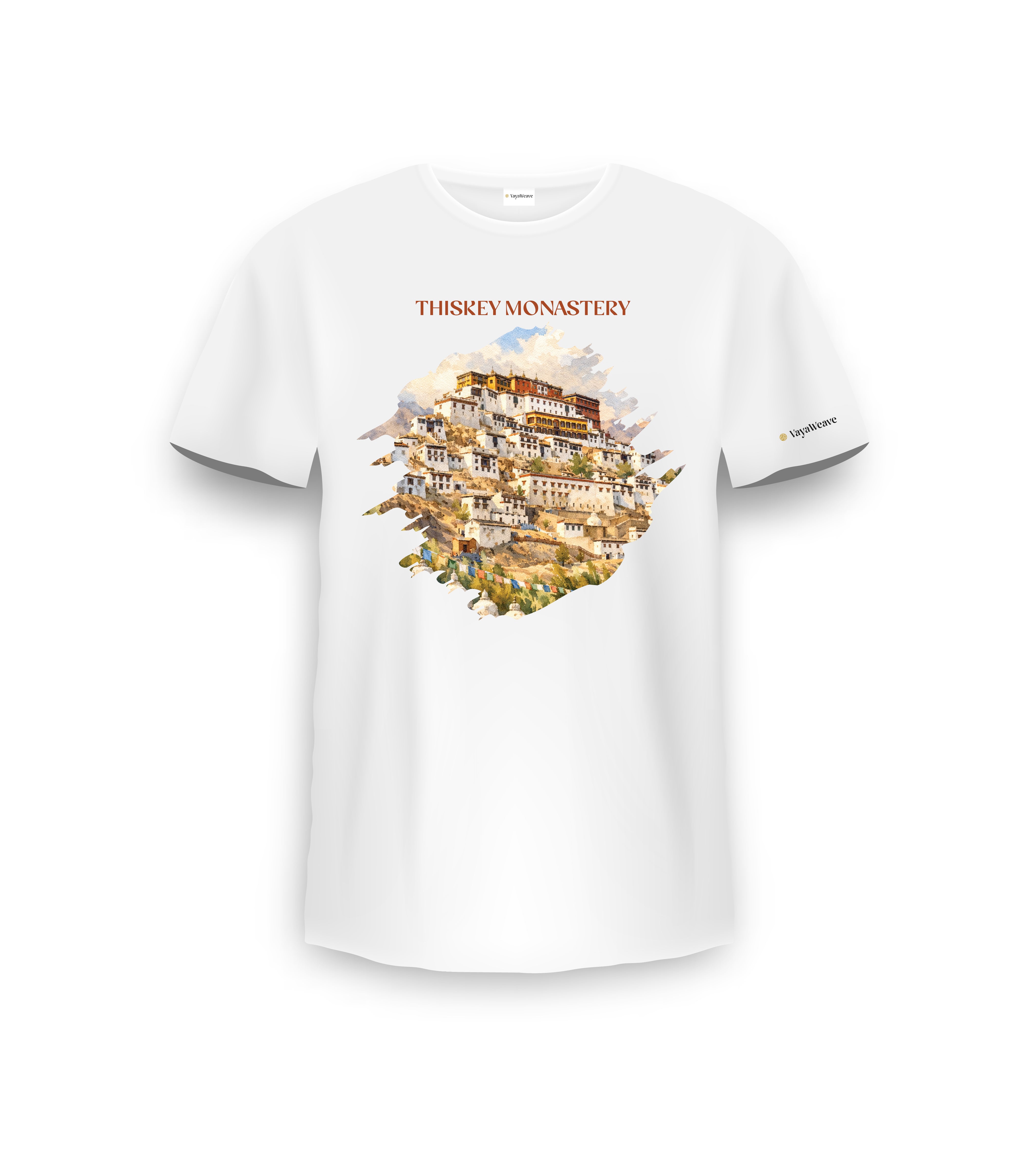 White t-shirt with a colorful graphic of a monastery and text on a white background